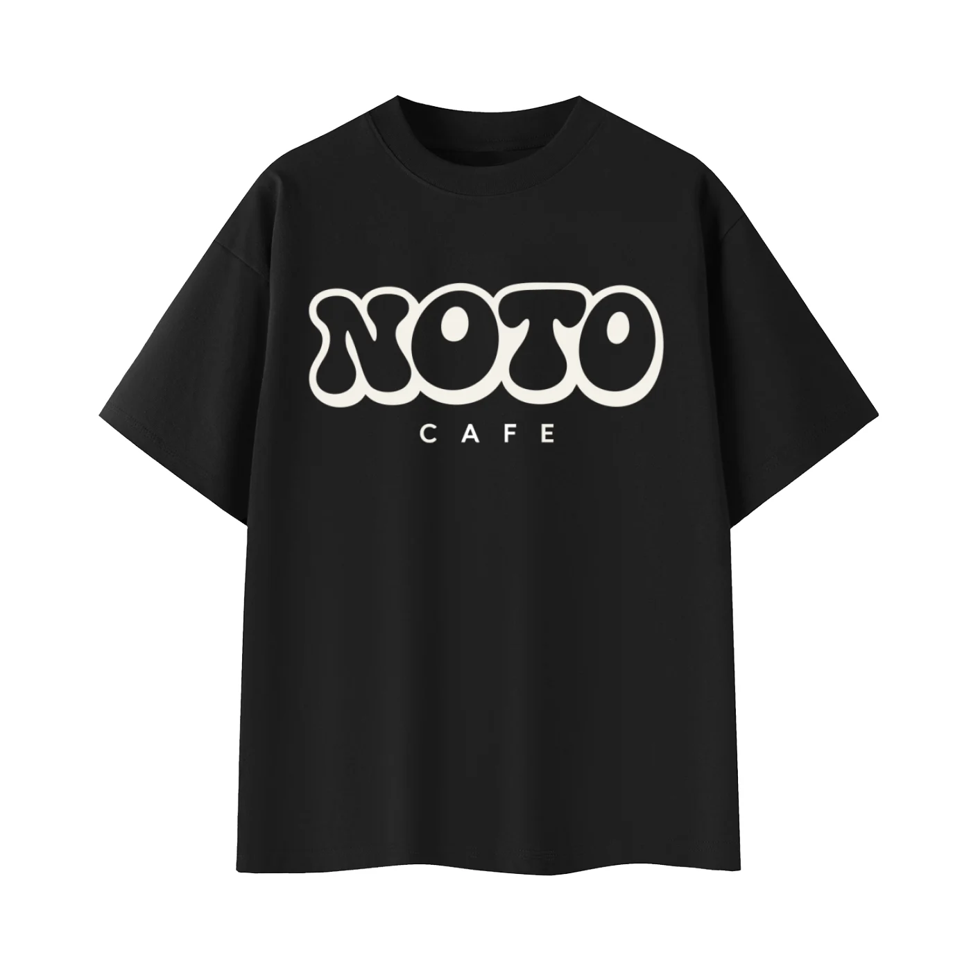 Front of black NOTO Logo Tee with cream NOTO Cafe logo